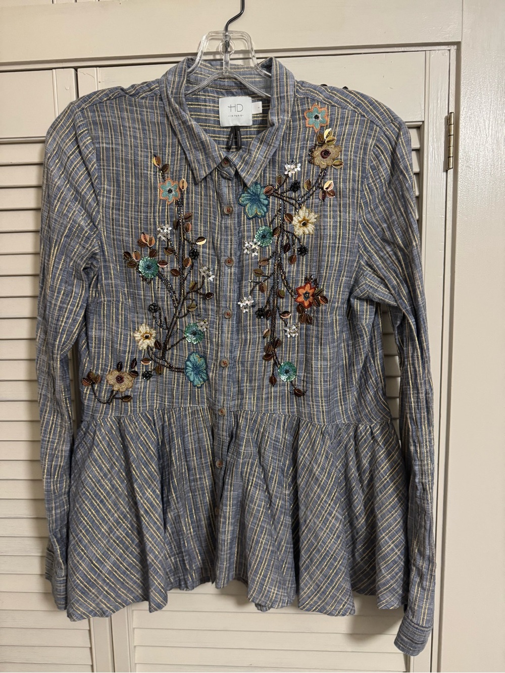 HD in Paris Blue and Gold Plaid Peplum Shirt with Multicolor Floral Embroidery